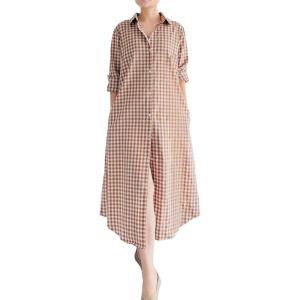 imageMinibee Womens Plaid Shirts Dress Button Down Long Sleeve Cotton Casual Blouses Dresses with PocketsLight Brown