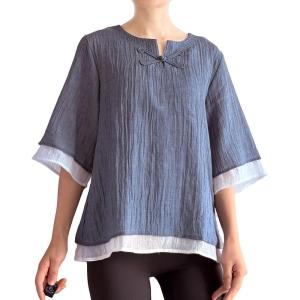 imageMinibee Womens Cotton Linen Shirts Summer 34 Length Sleeve Tops Chinese Frog Casual BlouseGray Blue
