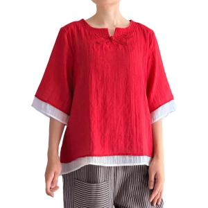 imageMinibee Womens Cotton Linen Shirts Summer 34 Length Sleeve Tops Chinese Frog Casual BlouseRed