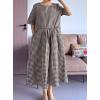 imageMinibee Womens Cotton Linen Dress Summer Short Sleeve Casual Plaid Flowy ALine Midi Dresses with PocketsBlack
