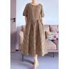 imageMinibee Womens Cotton Linen Dress Summer Short Sleeve Casual Plaid Flowy ALine Midi Dresses with PocketsBrown