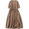 imageMinibee Womens Cotton Linen Dress Summer Short Sleeve Casual Plaid Flowy ALine Midi Dresses with PocketsBrown