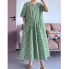 imageMinibee Womens Cotton Linen Dress Summer Short Sleeve Casual Plaid Flowy ALine Midi Dresses with PocketsGreen