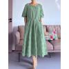 imageMinibee Womens Cotton Linen Dress Summer Short Sleeve Casual Plaid Flowy ALine Midi Dresses with PocketsGreen