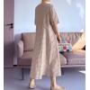imageMinibee Womens Cotton Linen Dress Summer Short Sleeve Casual Plaid Flowy ALine Midi Dresses with PocketsKhaki