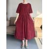 imageMinibee Womens Cotton Linen Dress Summer Short Sleeve Casual Plaid Flowy ALine Midi Dresses with PocketsRed