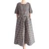 imageMinibee Womens Cotton Linen Dress Summer Short Sleeve Casual Plaid Flowy ALine Midi Dresses with PocketsBlack