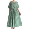 imageMinibee Womens Cotton Linen Dress Summer Short Sleeve Casual Plaid Flowy ALine Midi Dresses with PocketsGreen