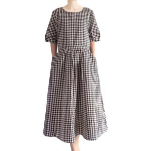 imageMinibee Womens Cotton Linen Dress Summer Short Sleeve Casual Plaid Flowy ALine Midi Dresses with PocketsBlack
