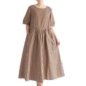imageMinibee Womens Cotton Linen Dress Summer Short Sleeve Casual Plaid Flowy ALine Midi Dresses with PocketsBrown