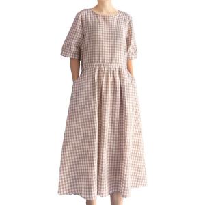 imageMinibee Womens Cotton Linen Dress Summer Short Sleeve Casual Plaid Flowy ALine Midi Dresses with PocketsKhaki