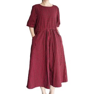 imageMinibee Womens Cotton Linen Dress Summer Short Sleeve Casual Plaid Flowy ALine Midi Dresses with PocketsRed