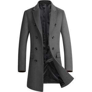 imageFTCayanz Mens Wool Trench Coat Winter Slim Fit Business Top Coat Single Breasted OvercoatGrey