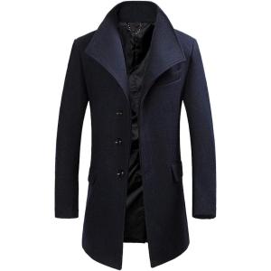 imageFTCayanz Mens Wool Trench Coat Winter Slim Fit Business Top Coat Single Breasted OvercoatStyle 1 Navy