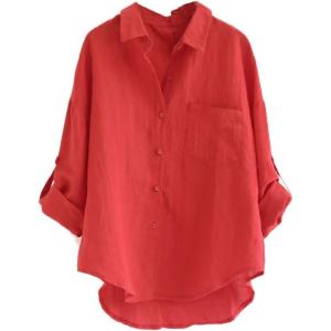 imageMinibee Womens Linen Blouse High Low Shirt RollUp Sleeve TopsRed