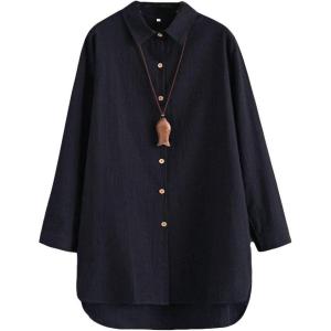 imageMinibee Womens Cotton Shirts Tunics Hi Low Tops Boyfriend Button Down BlouseBlack