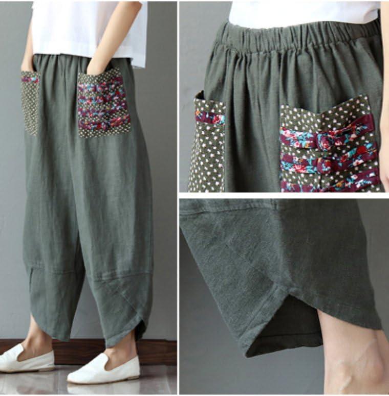 imageMinibee Womens Baggy Linen Wide Leg Trousers Casual Patchwork Elastic Waist Harem PantsArmy Green