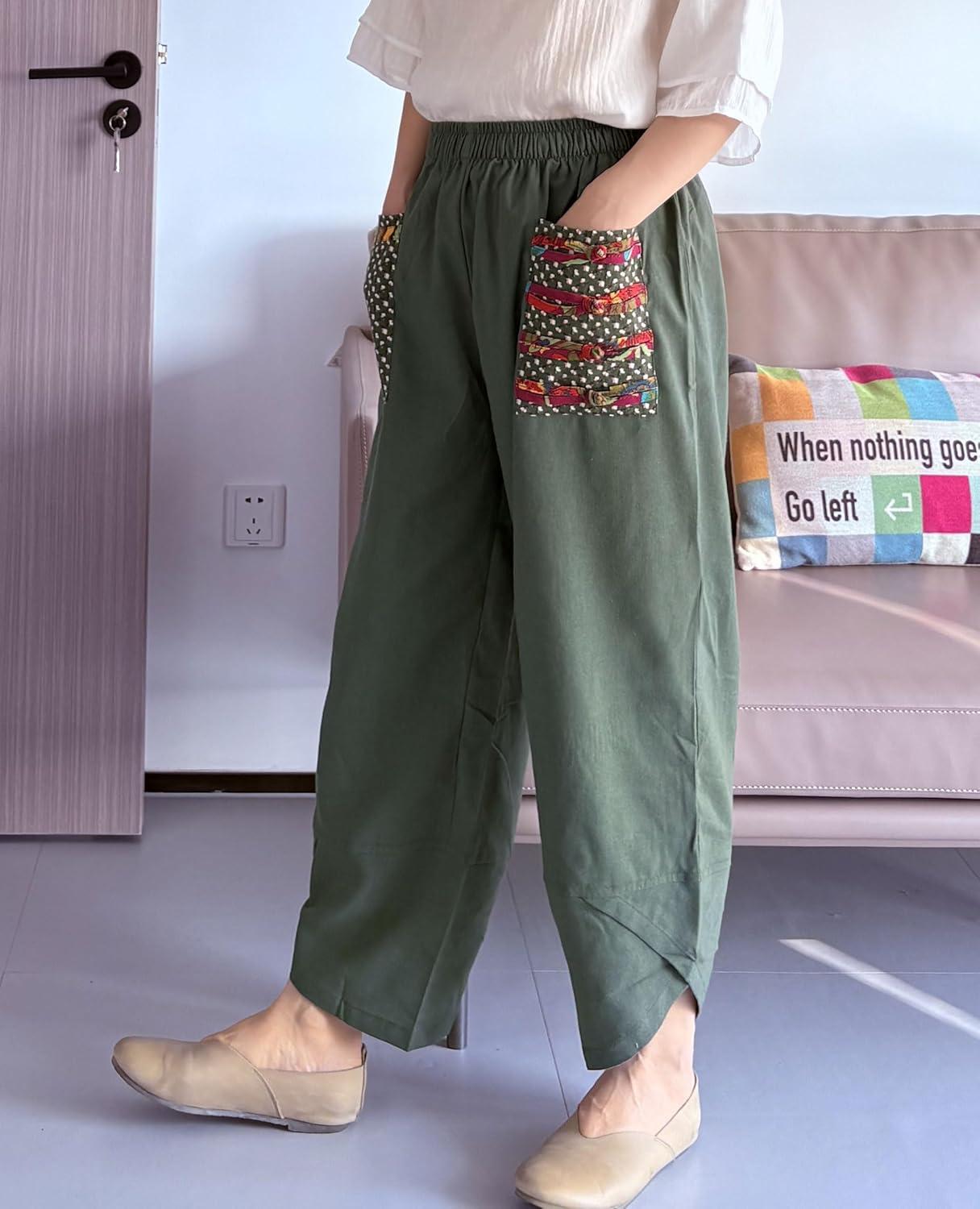 imageMinibee Womens Baggy Linen Wide Leg Trousers Casual Patchwork Elastic Waist Harem PantsArmy Green