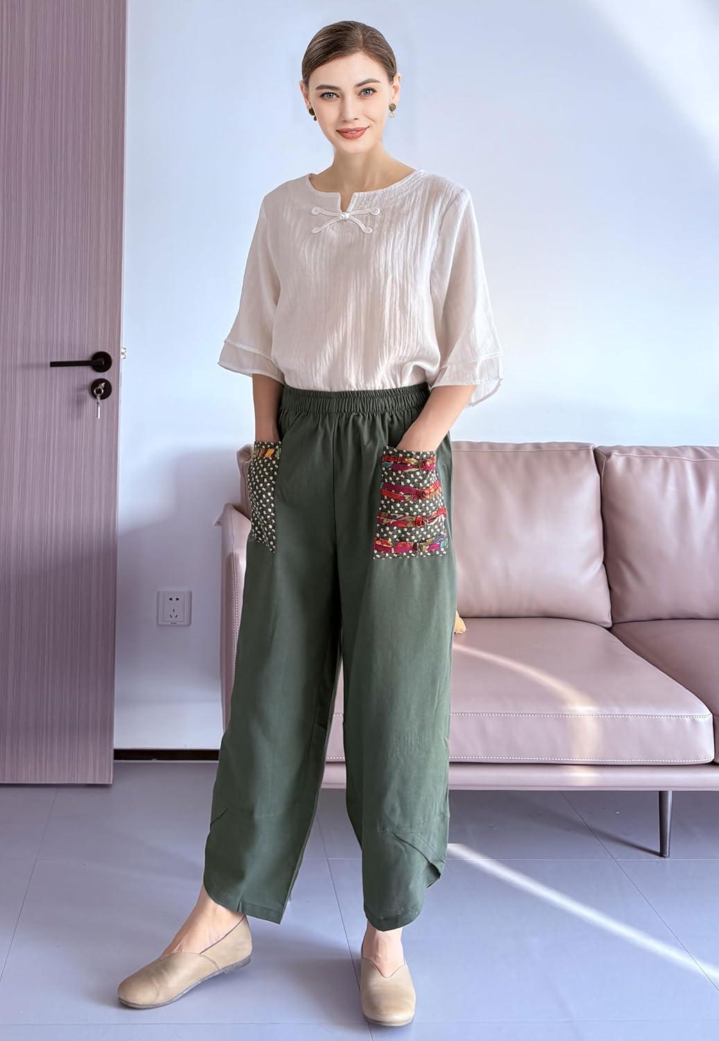 imageMinibee Womens Baggy Linen Wide Leg Trousers Casual Patchwork Elastic Waist Harem PantsArmy Green