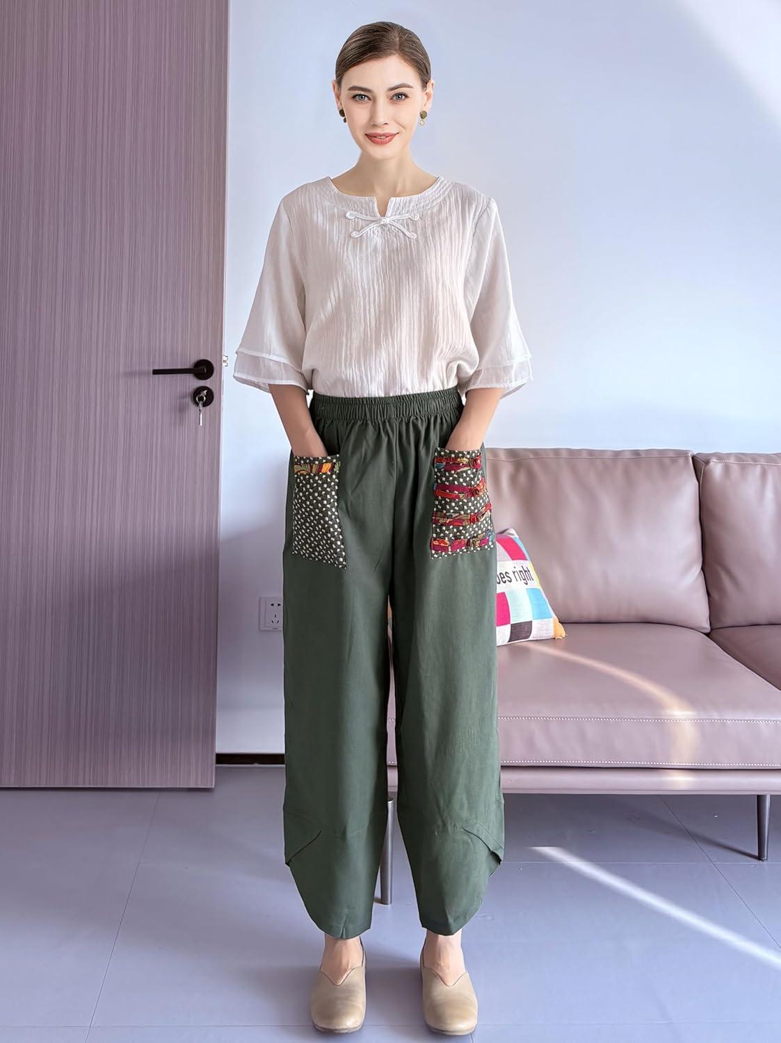 imageMinibee Womens Baggy Linen Wide Leg Trousers Casual Patchwork Elastic Waist Harem PantsArmy Green