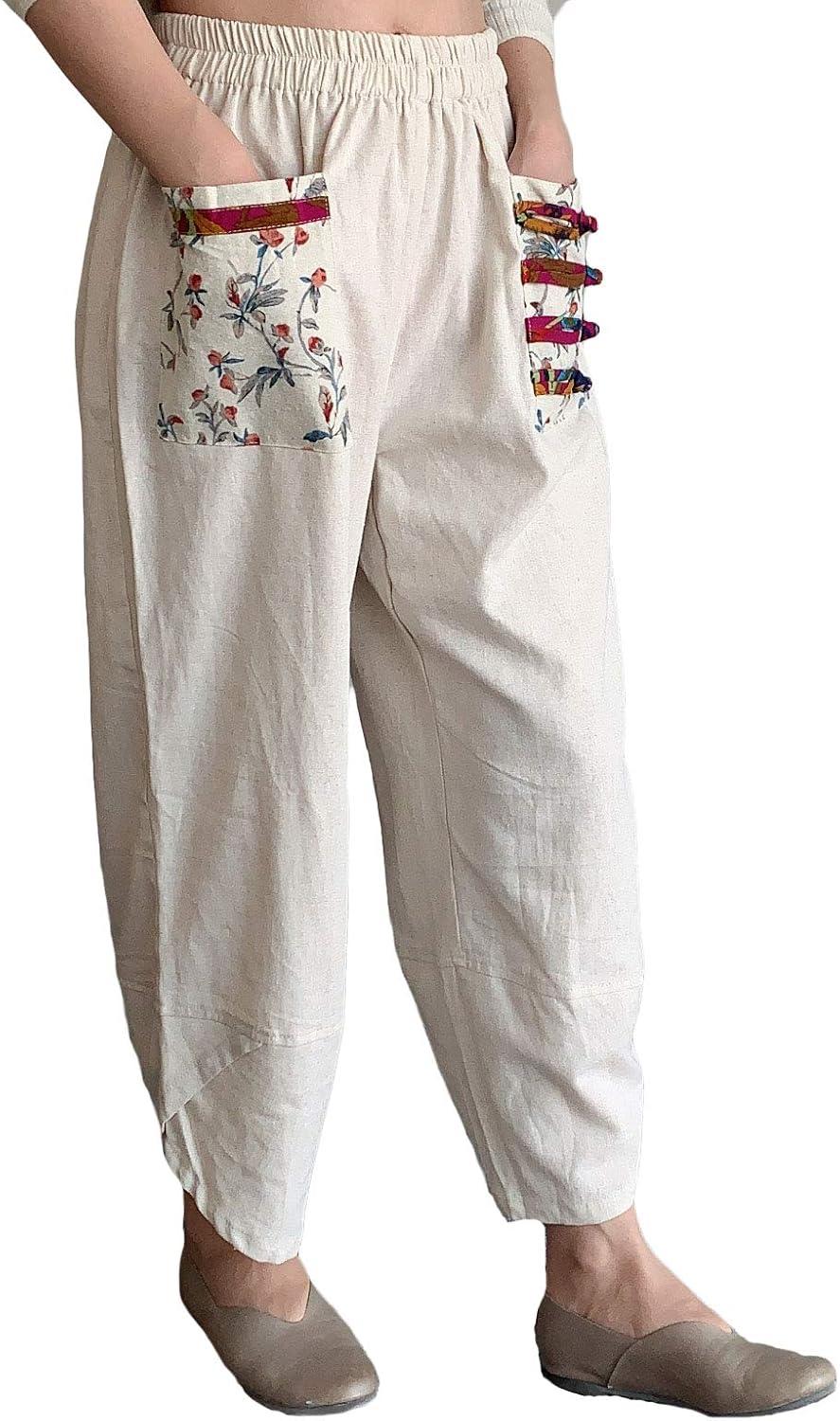 imageMinibee Womens Baggy Linen Wide Leg Trousers Casual Patchwork Elastic Waist Harem PantsLinen