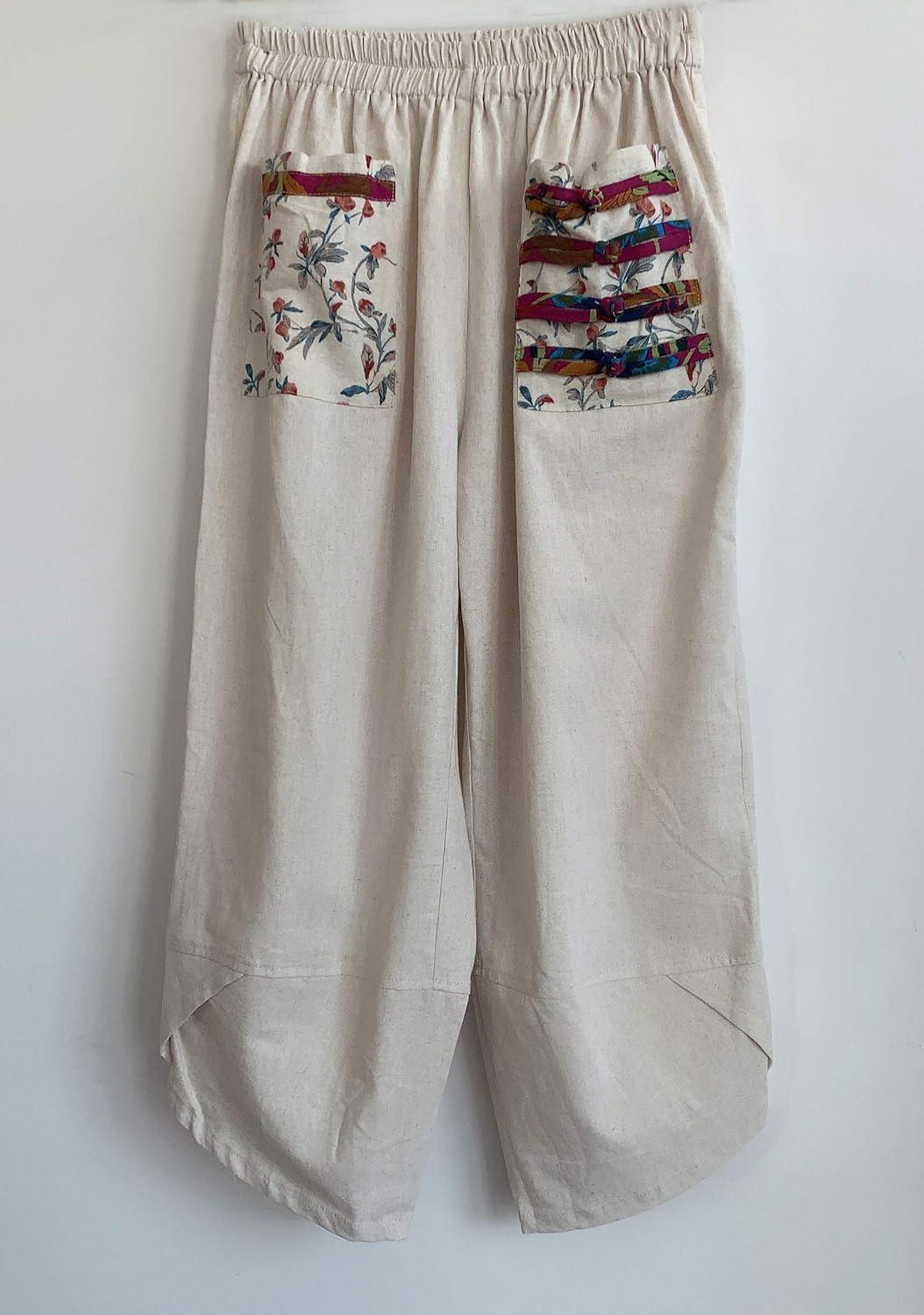 imageMinibee Womens Baggy Linen Wide Leg Trousers Casual Patchwork Elastic Waist Harem PantsLinen