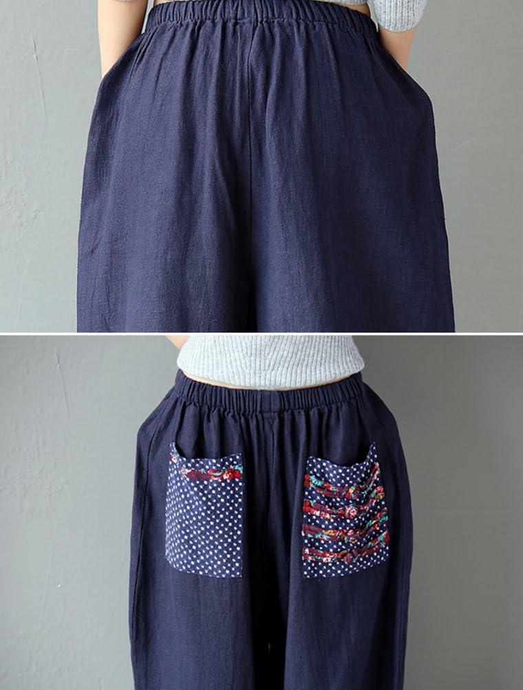 imageMinibee Womens Baggy Linen Wide Leg Trousers Casual Patchwork Elastic Waist Harem PantsNavy Blue