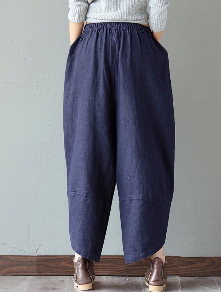 imageMinibee Womens Baggy Linen Wide Leg Trousers Casual Patchwork Elastic Waist Harem PantsNavy Blue