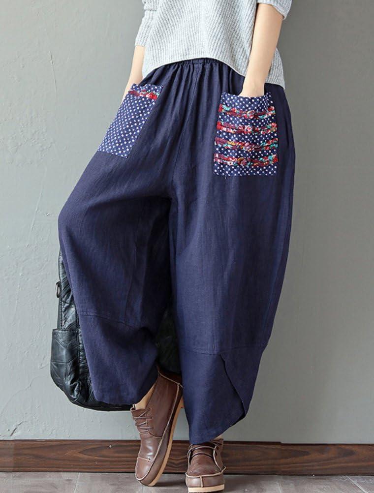 imageMinibee Womens Baggy Linen Wide Leg Trousers Casual Patchwork Elastic Waist Harem PantsNavy Blue