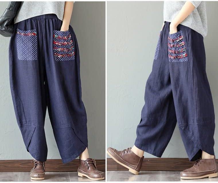 imageMinibee Womens Baggy Linen Wide Leg Trousers Casual Patchwork Elastic Waist Harem PantsNavy Blue