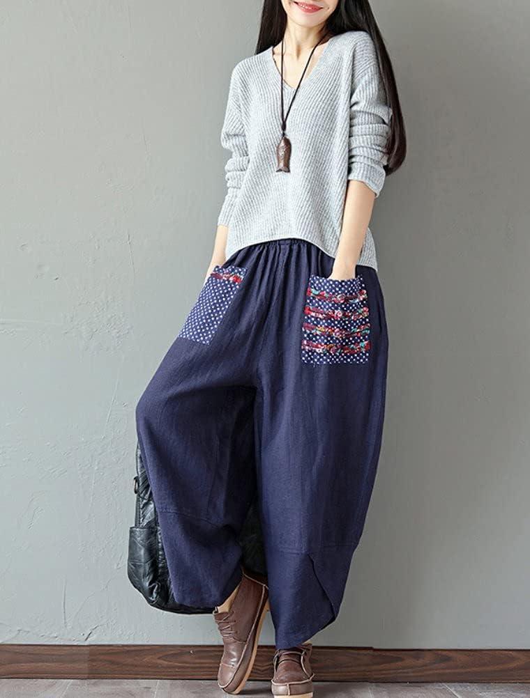 imageMinibee Womens Baggy Linen Wide Leg Trousers Casual Patchwork Elastic Waist Harem PantsNavy Blue