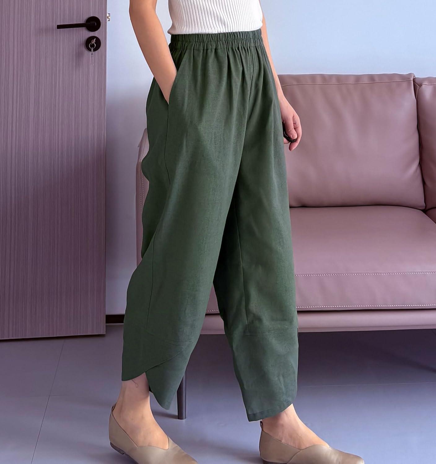 imageMinibee Womens Baggy Linen Wide Leg Trousers Casual Patchwork Elastic Waist Harem PantsSolid Armygreen