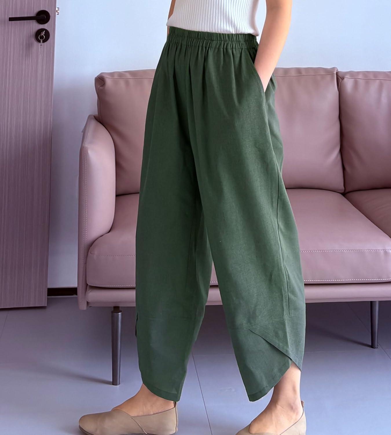 imageMinibee Womens Baggy Linen Wide Leg Trousers Casual Patchwork Elastic Waist Harem PantsSolid Armygreen