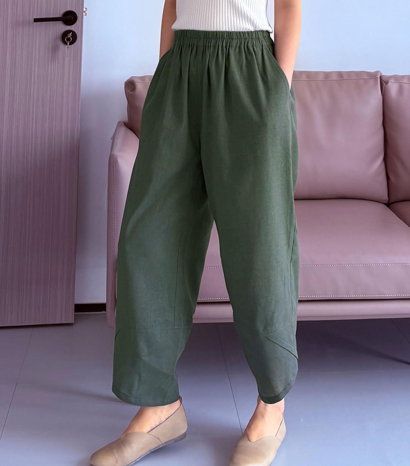 imageMinibee Womens Baggy Linen Wide Leg Trousers Casual Patchwork Elastic Waist Harem PantsSolid Armygreen