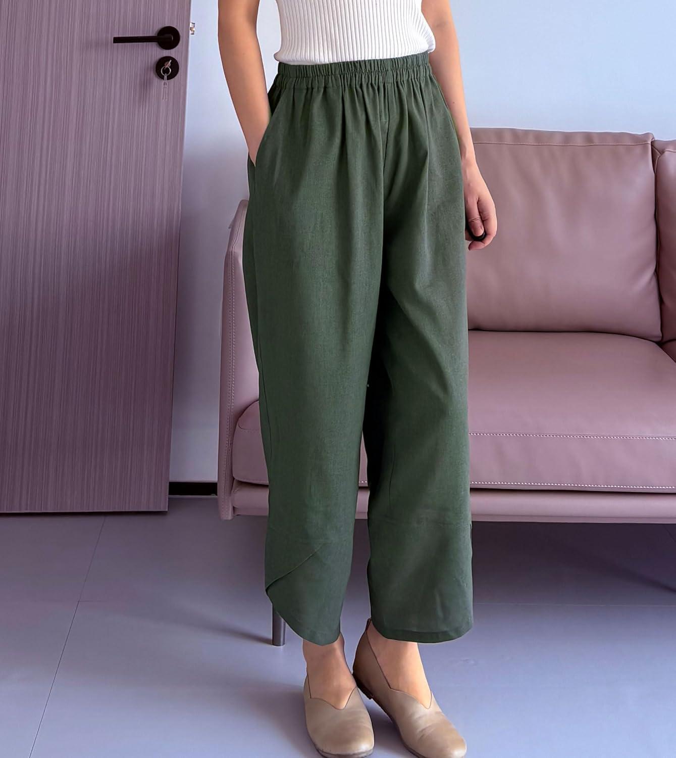 imageMinibee Womens Baggy Linen Wide Leg Trousers Casual Patchwork Elastic Waist Harem PantsSolid Armygreen