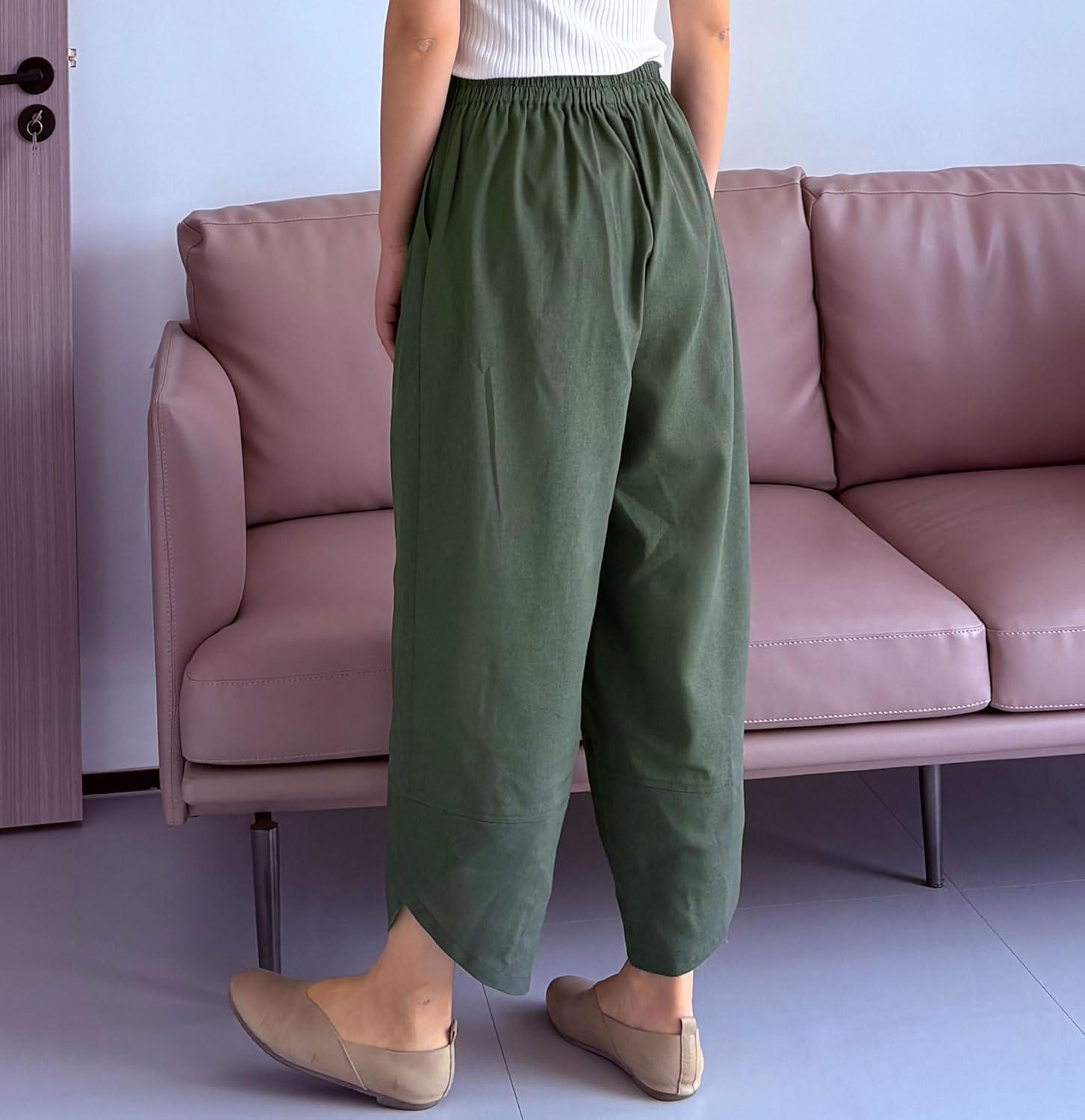 imageMinibee Womens Baggy Linen Wide Leg Trousers Casual Patchwork Elastic Waist Harem PantsSolid Armygreen