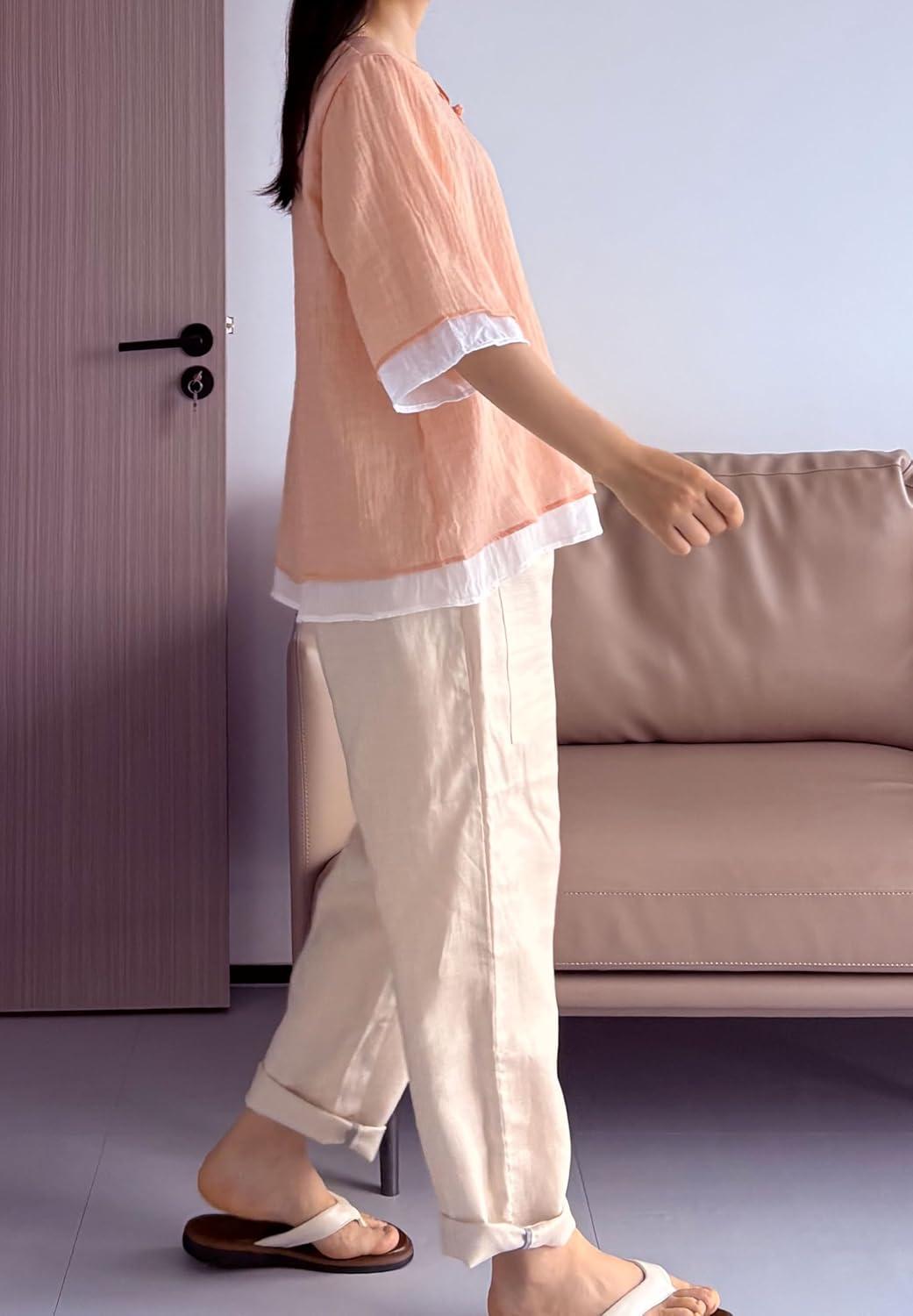 imageMinibee Womens Cotton Linen Shirts Summer 34 Length Sleeve Tops Chinese Frog Casual BlouseOrange Pink