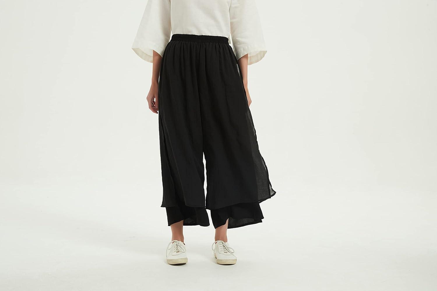 imageMinibee Womens Wide Leg Pants Loose Layer Capris Palazzo Elastic Waist TrousersBlack