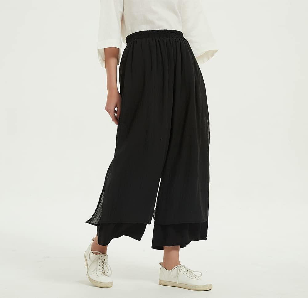 imageMinibee Womens Wide Leg Pants Loose Layer Capris Palazzo Elastic Waist TrousersBlack