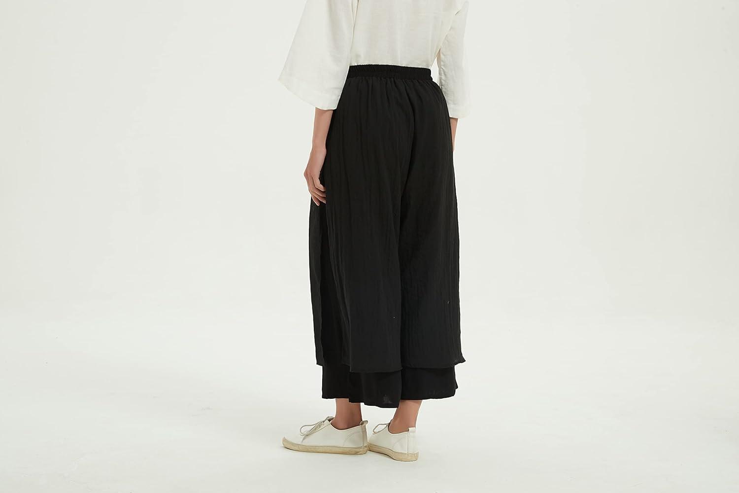 imageMinibee Womens Wide Leg Pants Loose Layer Capris Palazzo Elastic Waist TrousersBlack