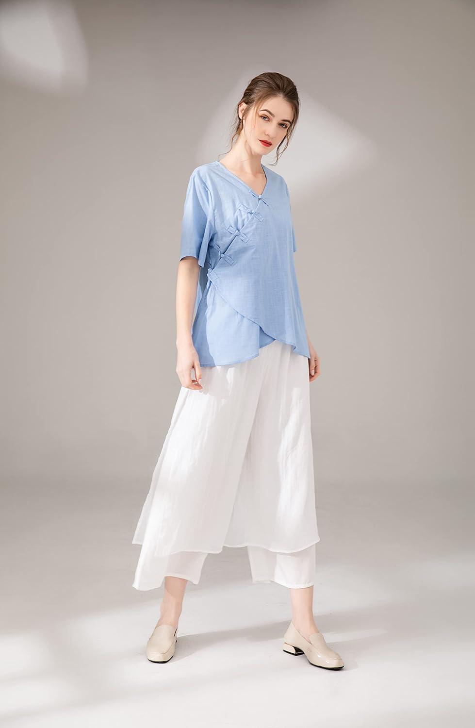 imageMinibee Womens Wide Leg Pants Loose Layer Capris Palazzo Elastic Waist TrousersWhite
