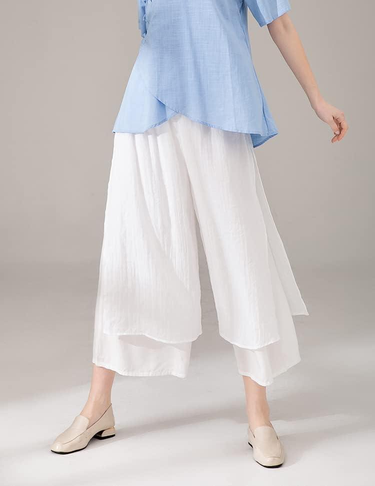 imageMinibee Womens Wide Leg Pants Loose Layer Capris Palazzo Elastic Waist TrousersWhite