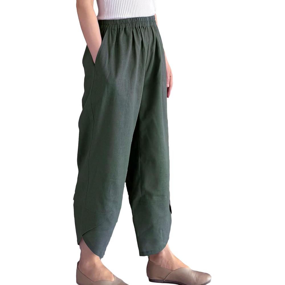 imageMinibee Womens Baggy Linen Wide Leg Trousers Casual Patchwork Elastic Waist Harem PantsSolid Armygreen