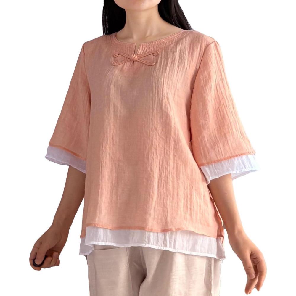 imageMinibee Womens Cotton Linen Shirts Summer 34 Length Sleeve Tops Chinese Frog Casual BlouseOrange Pink
