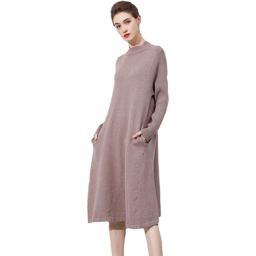 imageMinibee Womens Long Sleeve Sweater Dresses Pullover Casual Turtleneck Knit Sweater Long Dresses with Pockets Coffee M
