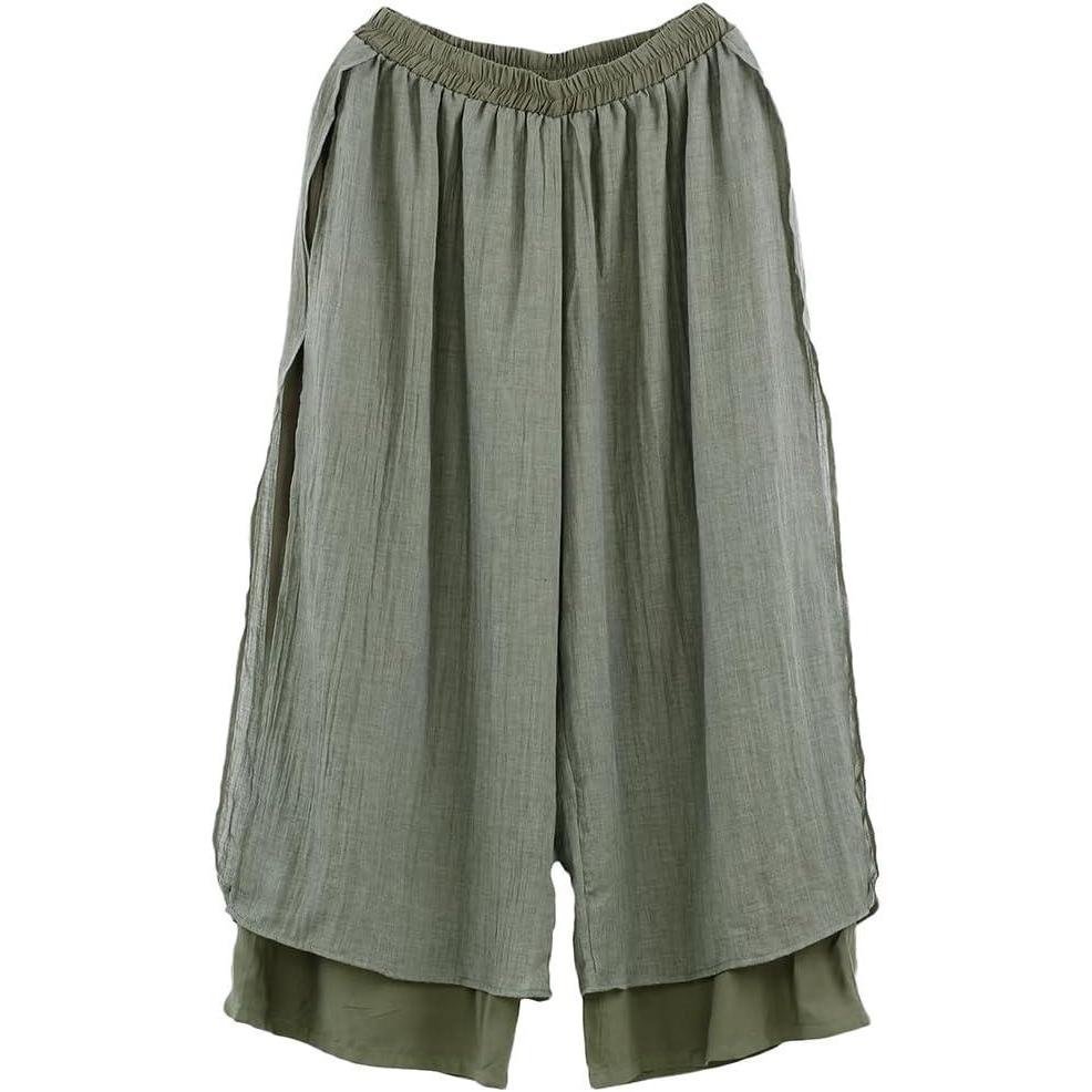imageMinibee Womens Wide Leg Pants Loose Layer Capris Palazzo Elastic Waist TrousersArmy Green