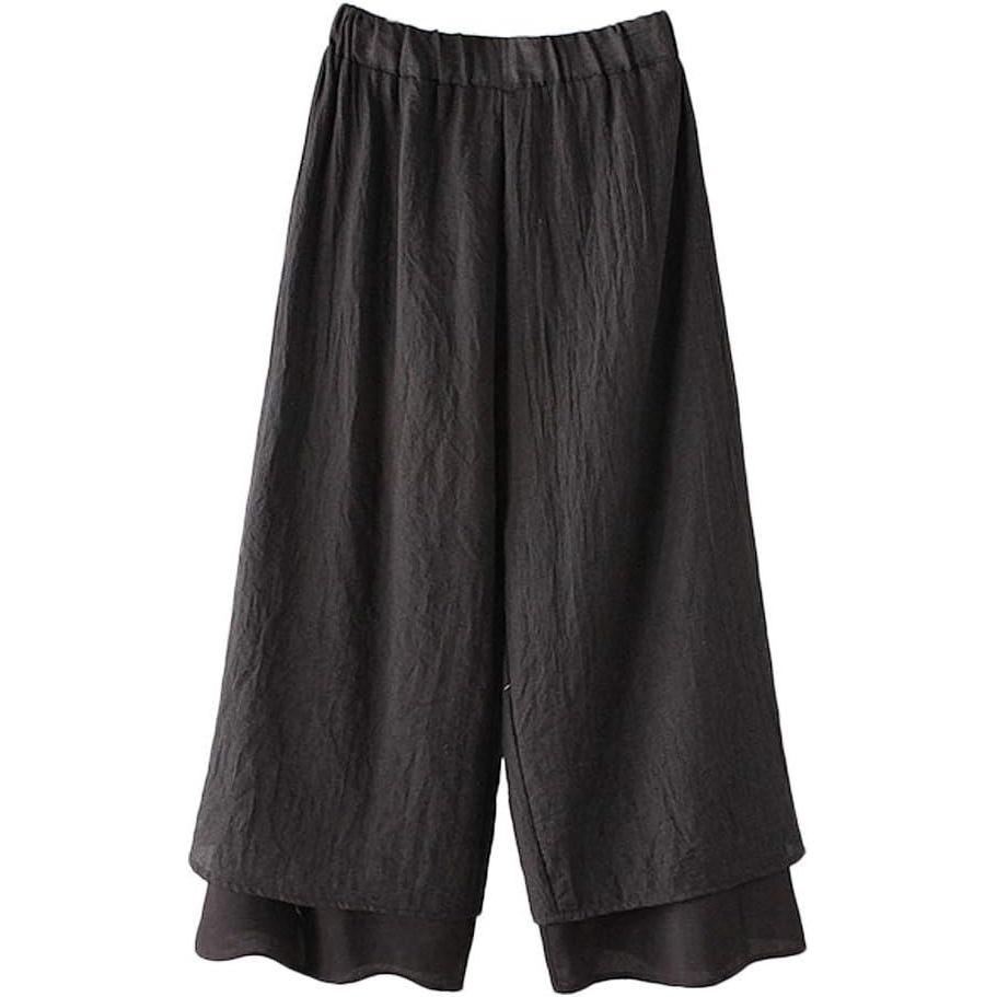 imageMinibee Womens Wide Leg Pants Loose Layer Capris Palazzo Elastic Waist TrousersBlack