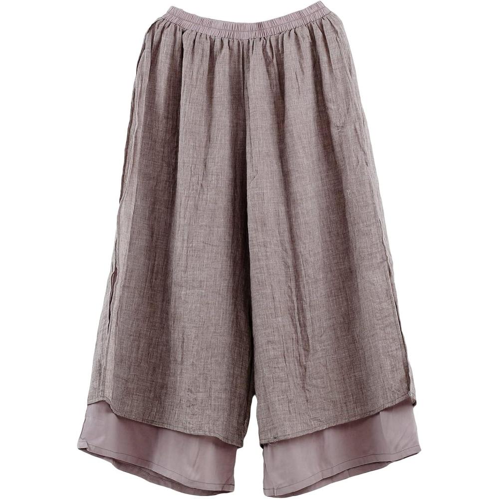 imageMinibee Womens Wide Leg Pants Loose Layer Capris Palazzo Elastic Waist TrousersBrown