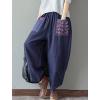 imageMinibee Womens Baggy Linen Wide Leg Trousers Casual Patchwork Elastic Waist Harem PantsNavy Blue