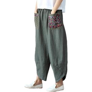 imageMinibee Womens Baggy Linen Wide Leg Trousers Casual Patchwork Elastic Waist Harem PantsArmy Green